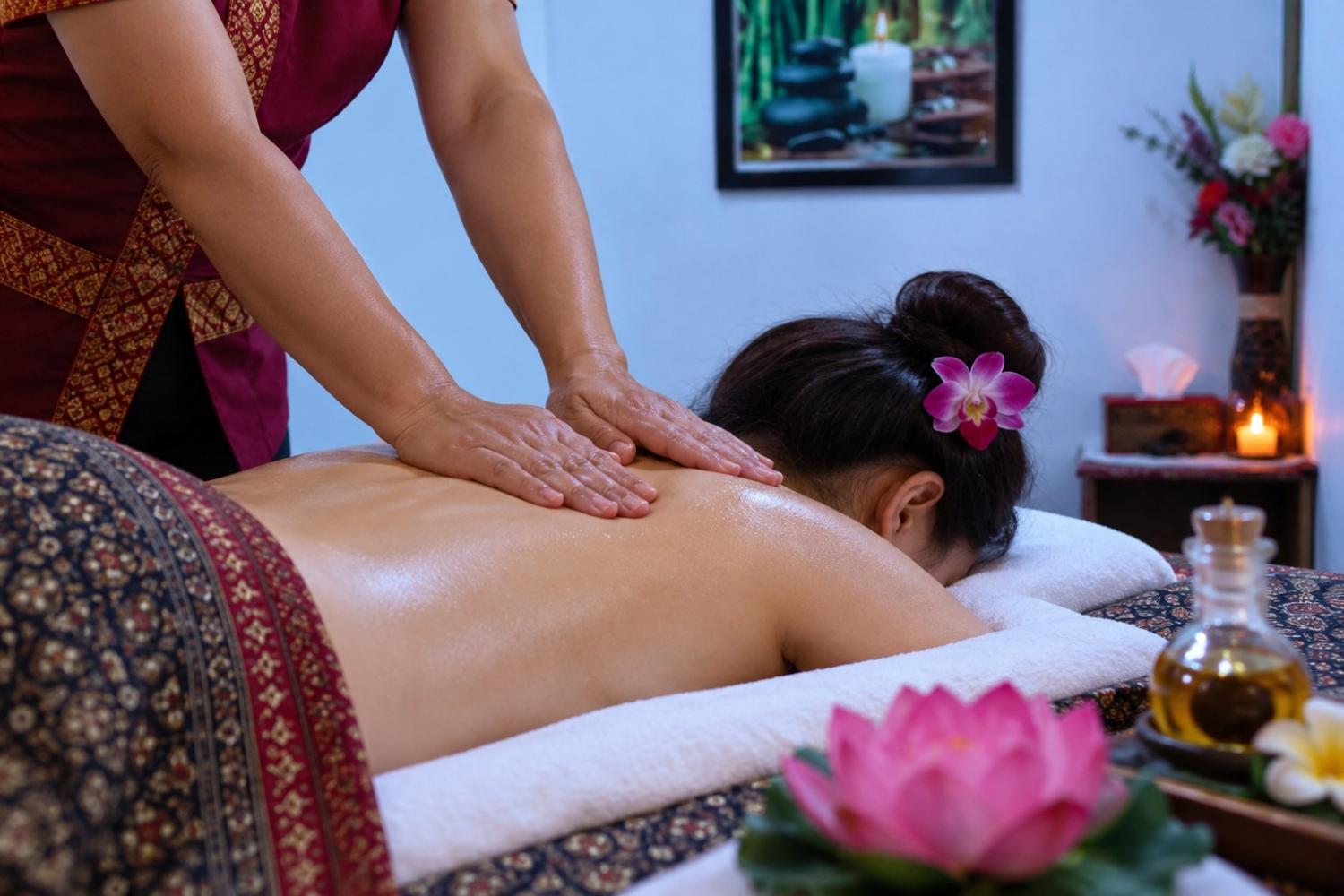 Rückenmassage im Studio Tita — Hände auf dem Rücken, Thai-Tuch und Lotus